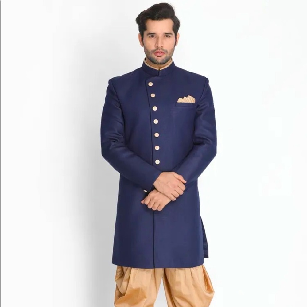 VASTRAMAY Navy Blue Silk Blend Sherwani With Dhoti (Set of 2) (L)